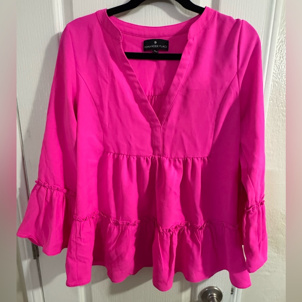 Pomander Place Women's Bright Pink Ruffle Blouse - Picture 3 of 11